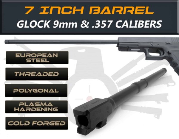 Gen 3 & 4 Glock 7.5" Barrels IGB Austria Match Grade Polygonal 7.5" Threaded Barrel for .9mm & .357Sig Calibers