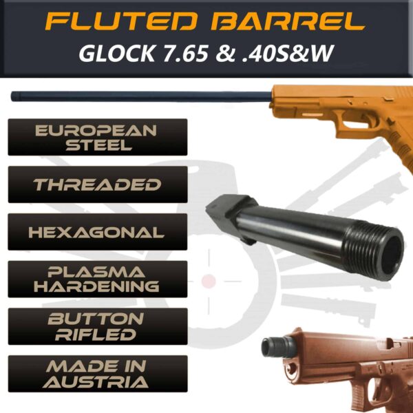 Glock Gen 5 Threaded & Fluted Barrel Standard Length Made By IGB Austria - Match Grade Hexagonal Profile for 7.65 & .40S&W