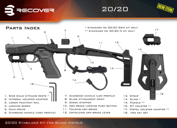 Recover Tactical 20/20N Stabilizer Brace Conversion Kit for All Glock Generations With Or Without a Rail
