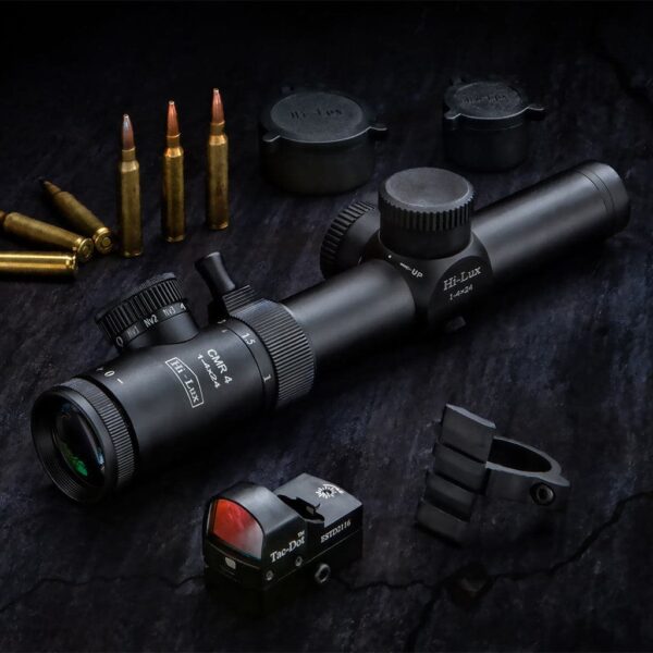 CMR4-556-R Hi-Lux Close to Medium Range 1X-4X Riflescope w/ 1MOA Center Dot & Red Illumination